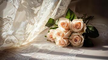 beautiful bouquet of soft pink roses rests elegantly on delicate lace fabric, perfect for mother day celebration filled with love and joy photo