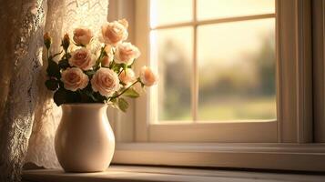 beautiful vase of pink roses sits by sunlit window creating warm atmosphere perfect for mother day celebration photo
