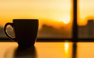 happy moment to celebrate anniversary at work with warm cup of coffee as sun sets, creating beautiful atmosphere photo