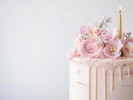 beautiful cake adorned with pink flowers and candle symbolizes happy anniversary celebration at work, perfect for any business occasion photo