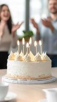 joyful celebration marks happy anniversary at work with delicious cake adorned with candles bringing warmth to business gathering photo