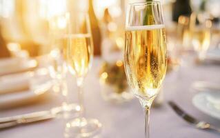 Celebrate happy anniversary with toast of sparkling wine at beautifully set table for memorable work gathering or special business event photo
