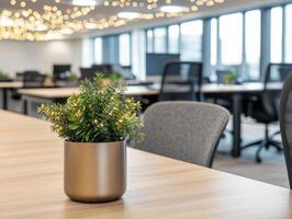 modern office space featuring stylish plant in pot that adds touch of happiness to work environment, perfect for celebrating anniversary at work photo
