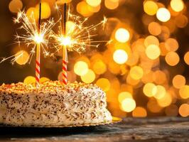 beautiful cake adorned with sparklers celebrates happy anniversary, perfect for joyful work gathering or special business event photo
