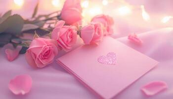beautiful arrangement of pink roses and greeting card with heart symbol creates happy atmosphere perfect for anniversary celebration at work photo