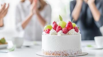 happy group celebrates anniversary at work with delicious cake topped with fresh fruits creating joyful atmosphere photo