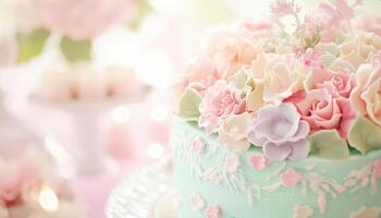 beautiful cake adorned with pastel flowers creates happy atmosphere perfect for anniversary celebration at work photo