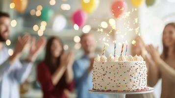 joyful celebration marks happy anniversary at work with friends applauding around beautifully decorated cake photo