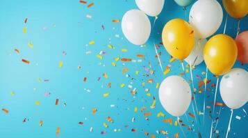 Colorful balloons float against bright blue background celebrating happy anniversary at work with vibrant confetti adding joy to occasion photo
