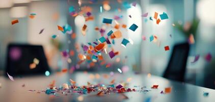 Celebrating happy anniversary at work, this vibrant scene captures joy of business milestone with colorful confetti scattered around photo