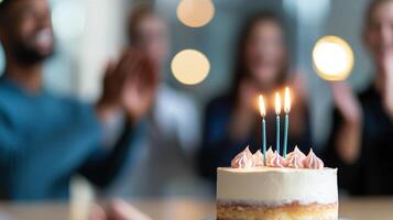 happy group celebrates anniversary with delicious cake featuring candles that symbolize their work and dedication together photo