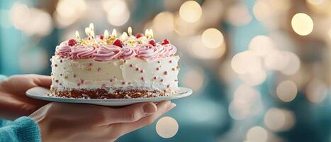 joyful celebration is marked by beautiful cake adorned with pink frosting and candles, perfect for anniversary at work photo