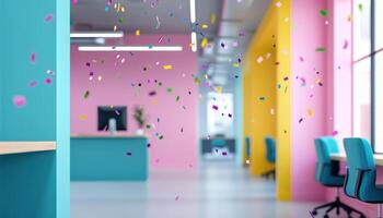 vibrant office space decorated with colorful confetti creates happy atmosphere perfect for celebrating anniversary at work photo