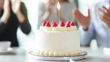 happy anniversary celebration at work features delicious cake adorned with strawberries and lit candle, creating joyful atmosphere photo