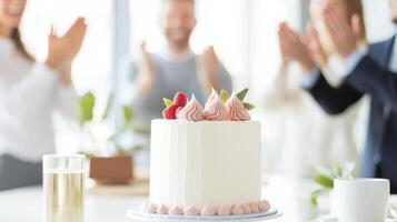 joyful group celebrates happy anniversary at work with beautifully decorated cake, creating memorable business moment photo