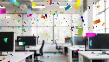 Celebrating happy anniversary at work brings joy and excitement to business environment with colorful confetti filling air photo