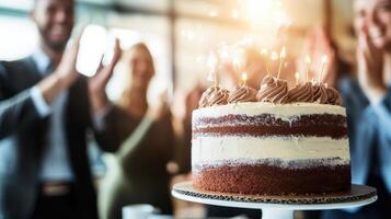 joyful celebration marks happy anniversary at work with colleagues applauding around delicious cake adorned with candles photo