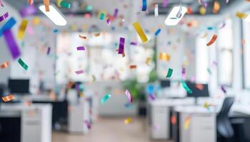 Celebrating happy anniversary work, this vibrant office scene is filled with colorful confetti, creating joyful atmosphere for business success photo