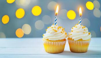 Delightful cupcakes with candles symbolize happy anniversary celebration at work, bringing joy to business atmosphere photo