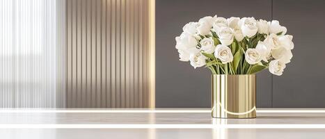 beautiful arrangement of white roses in golden vase brings happy touch to any anniversary celebration at work photo