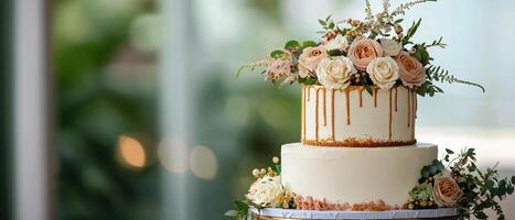 beautiful cake adorned with elegant flowers celebrates happy anniversary at work event, creating memorable business atmosphere photo