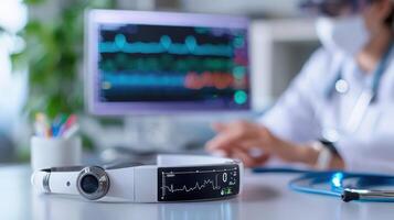 Wearable health monitoring device on table with medical professional photo