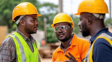 Workers in safety helmets discussing plans at construction site, showcasing teamwork and safety photo