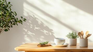 Minimalist dining area with natural light, plants, and tableware photo