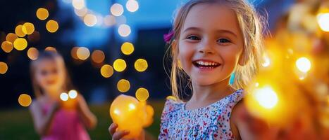 Children enjoying warm summer evenings with glowing lights and laughter photo