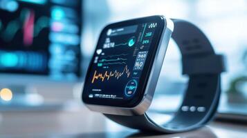 Smartwatch displaying health metrics and data analysis in modern setting photo