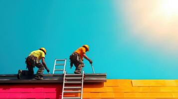 Workers installing roofing while ensuring ladder safety under bright sky photo