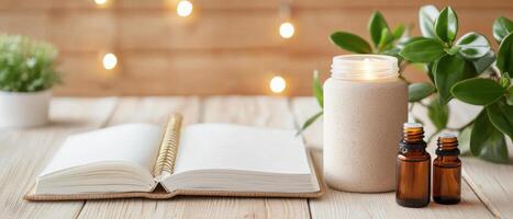 serene wellness ritual setup featuring open notebook, essential oils, and lit candle, creating calming atmosphere photo