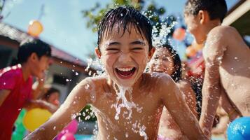 Joyful children playing in water, splashing and laughing together photo