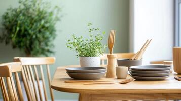 Welcoming minimalist vintage dining area in muted tones with natural elements photo