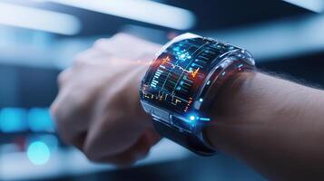 Wearable health monitoring device on wrist with futuristic display photo