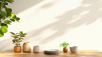 Minimalist dining area with muted tones, featuring plants and tableware photo