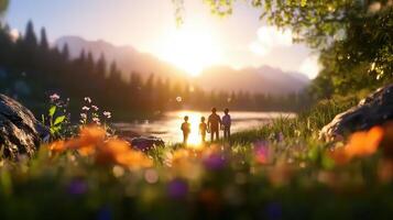 family enjoying fun activities together in beautiful landscape at sunset, surrounded by flowers and nature photo