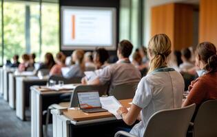 Engaged audience in modern conference room attending presentation photo