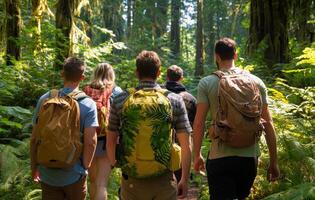 Exploring lush forest, group of friends enjoys nature together photo