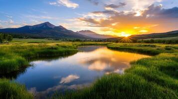 serene landscape featuring tranquil lake surrounded by lush greenery and mountains at sunset, creating peaceful atmosphere photo
