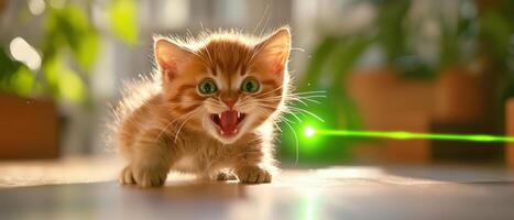 playful kitten chasing laser pointer, showcasing its funny expression and excitement photo