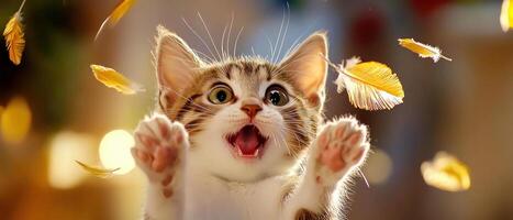 playful kitten with funny face is trying to catch falling feathers, showcasing its excitement and curiosity photo