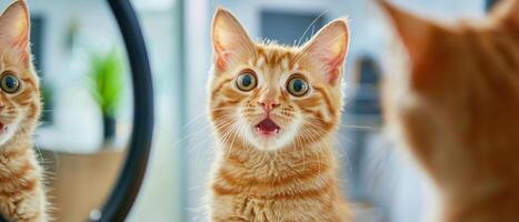 An orange tabby cat looking at itself in the mirror photo