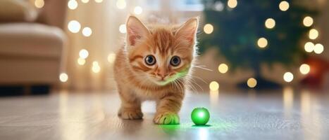 playful kitten curiously chases green laser pointer in cozy room filled with warm lights photo