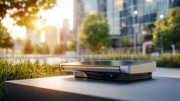 A small device on a table in front of a city photo