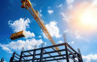 Construction crane lifting materials at steel framework site under bright sky photo