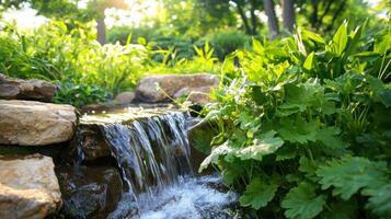 A small waterfall flowing through a lush green garden photo