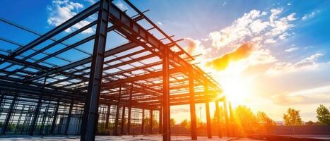 Steel framework being erected for large industrial building vibrant sunset, showcasing construction progress and innovation photo
