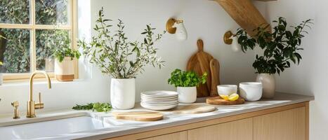Stylish minimalist kitchen with rustic wood beams and fresh herbs photo