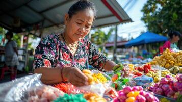 Street vendor selecting colorful treats at vibrant market stall, showcasing local delicacies and traditional craftsmanship photo